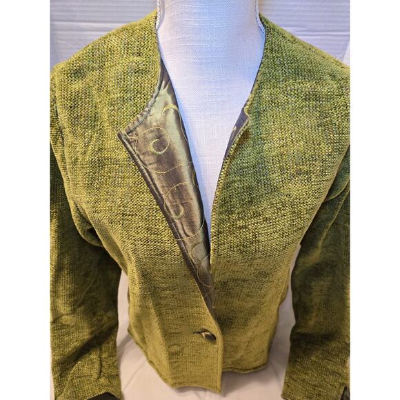 Vtg Fiber Artist LYNN YARRINGTON M Rust Chenille Blazer Green Holiday Festive - Picture 5 of 10